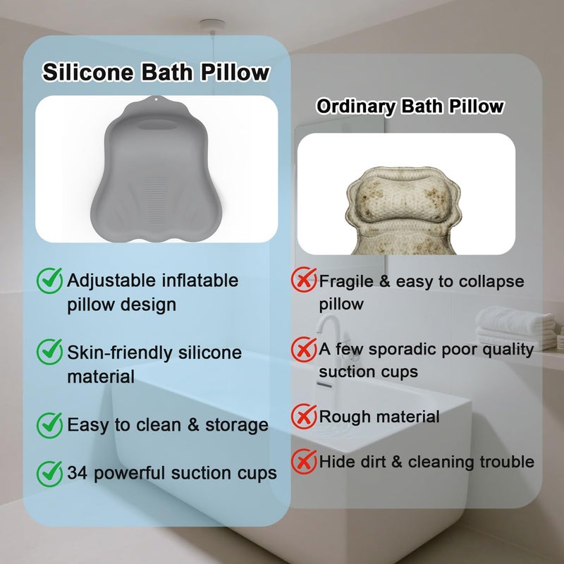 Deenwada Silicone Bath Pillow for Tub – Ergonomic Bathtub Headrest with Inflatable Air Cushion, Non-Slip Suction Cups & Neck/Back Support – Comfortable Spa Bath Accessory for Relaxation (Grey) - Image 4